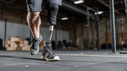 Fototapeta premium Prosthetic Leg Fitness and Exercise: Adaptive Sports and Rehabilitation for Active Lifestyle and Motivation in the Gym