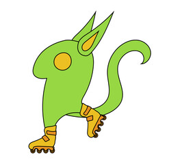 A cute green monster with long ears and tail, skating on yellow inline skates. 