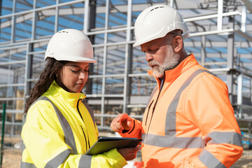 Two construction workers discuss plans on a site while wearing safety gear and reviewing documents