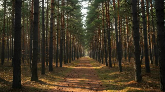 Pathway Through Tall Pine Trees in Verdant Forest with Sunlight