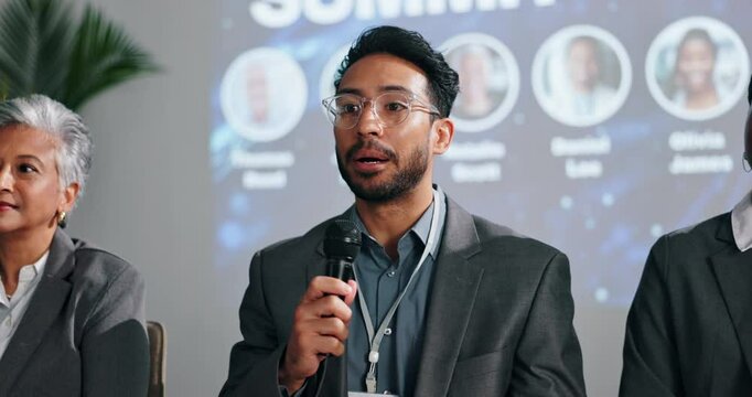 Mic, speaker and man in panel for forum, climate change awareness and renewable energy. Presentation, talk show and people on stage in discussion for sustainability, event or eco friendly convention