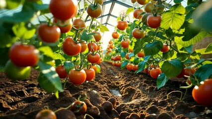 Numerous ripe tomatoes growing inside a greenhouse under warm sunlight on a sunny day. - Powered by Adobe