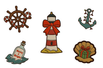 Embroidered tropical Christmas in July clipart set with lighthouse, anchor, helm, shell gift, and message bottle. Festive stitched icons in warm colors for digital scrapbooking and holiday designs.