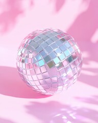 A mirrored disco ball rests on a pale pink surface, casting and receiving soft shadows from unseen foliage.  Its facets reflect light in iridescent hues
