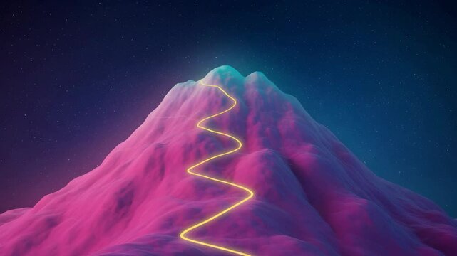 Pink Voxel Mountain with Glowing Yellow Path Under a Starry Night Sky 3D Render