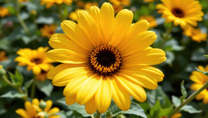 Fototapeta premium Bright yellow sunflower blooms in vibrant garden, showcasing its large petals and dark center, surrounded by lush green leaves and other sunflowers, creating cheerful atmosphere