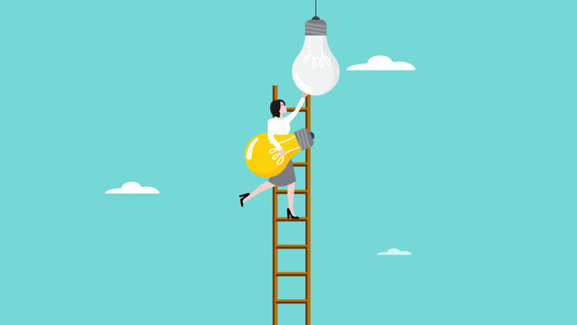 change to new strategy to transform into a more profitable business, improve concept or new innovations to a new method, woman replace old light bulb idea to new one concept vector illustration