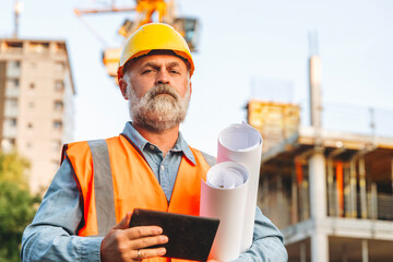 A construction worker wearing an orange vest and hard hat stands confidently at an urban site, holding blueprints