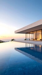 Fototapeta premium Minimal flat building structure extending over infinite water, sunset glow on horizon, blue and beige tones, clean architectural lines