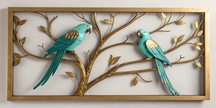 Wall-mounted parrot pair in turquoise enamel and gold metallic accents, sitting on sculpted tree branches &mdash; set in a floating shadow box-style frame behind the sofa sets
