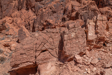Weathering joints, red Aztec Sandstone outcrops, Early Jurassic geological formation of primarily eolian sand. Fire Wave Trail, Valley of Fire State Park, Clark County, Nevada geology. 

