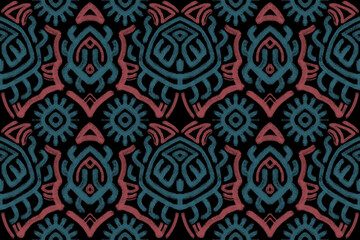 “Abstract Tribal Patterns”

A vibrant design featuring abstract tribal motifs in teal and earthy red hues, arranged symmetrically on a black background, evoking a sense of cultura