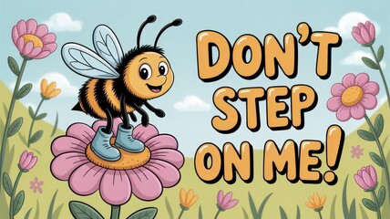 Fototapeta premium Playful bee greeting card illustration featuring a cheerful character urging caution in a colorful garden setting. Don't Step On A Bee Day and National Urban Beekeeping Day