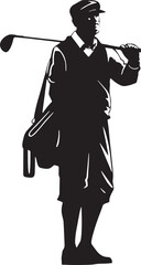 Old Elegant male golfer silhouette in vintage outfit, carrying a golf bag and holding a club over his shoulder. Classic and stylish design ideal for logos, SVG files, and retro golf branding.