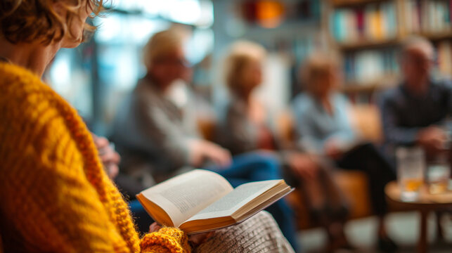 Cozy Book Club Gathering: Diverse Adult Group Reading & Discussion in Library Setting