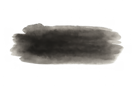 Wide dark gray watercolor stain creating an abstract shape on transparent background, ideal for adding artistic touch to designs