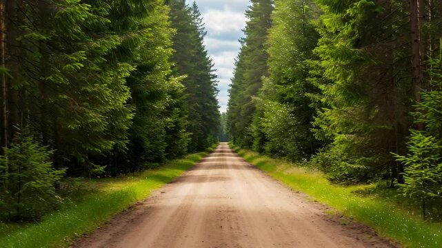 Straight Dirt Road Through Green Coniferous Forest Under Blue Sky Scenic Landscape