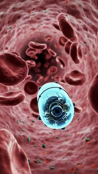 Futuristic Blue Nanobot Navigating Through a Vibrant Red Blood Vessel in Close Up Vertical View