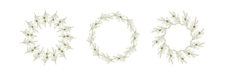 Olives Line Drawing. Black and white Olive Frame. Olive Wreath Isolated. Floral Line Art. Fine Line Olive illustration. Green and white Olive Branches. Hand Drawn Olives. Wedding invitation greenery