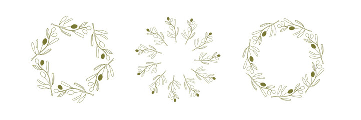 Olives Line Drawing. Black and white Olive Frame. Olive Wreath Isolated. Floral Line Art. Fine Line Olive illustration. Green and white Olive Branches. Hand Drawn Olives. Wedding invitation greenery