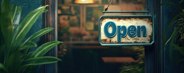 Open Sign on Doorway with Plants