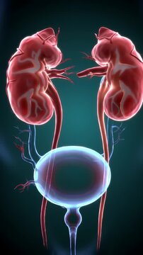 Human Urinary System Anatomy Featuring Kidneys in Red and Bladder in Translucent Blue on Teal Background
