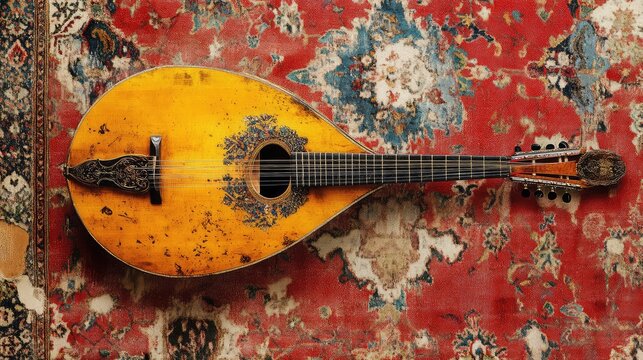 Baglama saz from Turkey lying flat on an aged textile with visible strings and frets