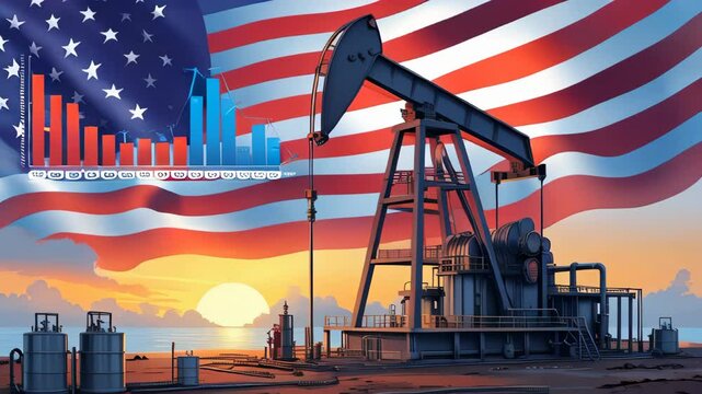 Oil rig development and production schedule set against the US flag. Increase in crude oil production in the United States. Rising oil barrel prices. Boost in exports of American petroleum products