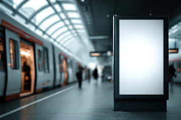 Blank billboard in subway station with modern train and empty space for advertising or public information message, mockup..
