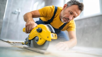 Man adult worker using electric circular saw and tile cutter floor, focused precise bathroom renovation and construction, wearing yellow shirt and blue overalls, modern home improvement scene with