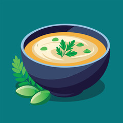 Creamy soup garnished with herbs.