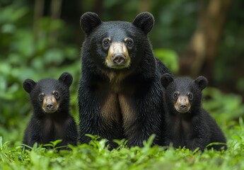 Fototapeta premium Mother Black Bear and Cubs in Lush Green Rainforest