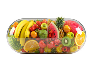Fruit capsule isolated on white background, healthy food supplements concept