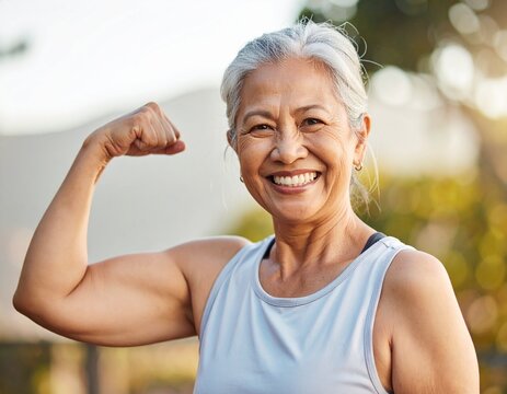 An active senior woman in yoga clothes stretches on her balcony at sunrise. A concept of a healthy lifestyle, vitality, and mindful morning exercise for the elderly.

