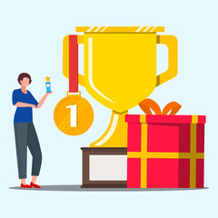 Businesswoman standing and holding award plaque near big trophy and gift box. Rewards and achievements at work concept.