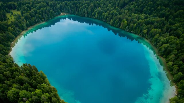 Turquoise Lake Surrounded By Green Forest In Aerial View Reflecting Sky