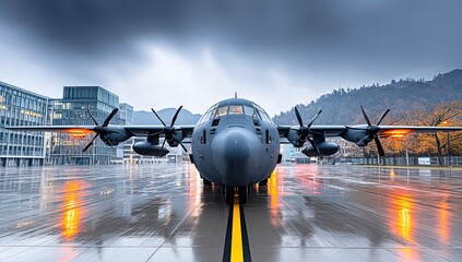 Military Aircraft on Rainy Airport Runway