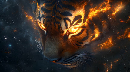 Fierce tiger head in a cosmic nebula.