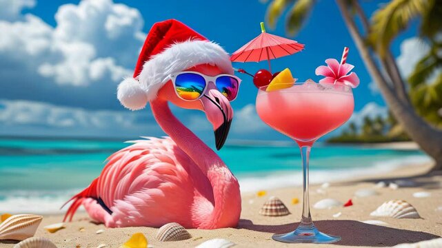 video of cartoon flamingo in sunglasses and christmas hat drink pink cocktail on the tropical beach background, holiday, vacation time, summer drink concept
