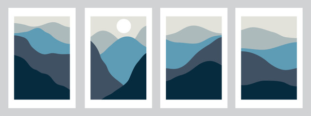 Set of creative abstract mountain landscape and mountain range backgrounds.Mid century modern vector illustrations with hand drawn mountains,sea or lake,sky,sun and moon.Trendy