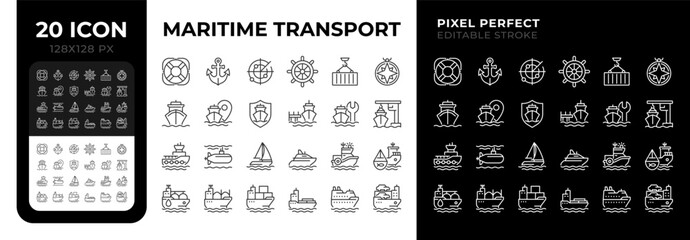 Maritime transport pixel perfect black and white line icons set. Transporting goods via sea routes. Shipping by watercraft. Outline iconset. Isolated monochrome illustrations. Editable stroke © IMG visuals icons