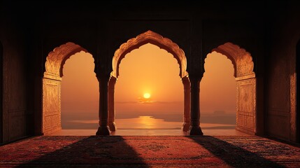 Golden Sunset View from Ornate Indian Palace Arches Scenic Sunrise Landscape Architecture sky calm  