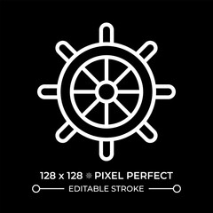 Helm pixel perfect white line icon in negative space. Ship steering wheel. Vintage vessel equipment. Level for boat controlling. Monochrome linear symbol on black background. Editable stroke