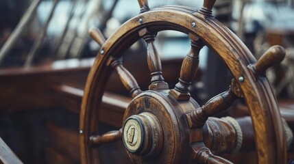 A picture of a ship's steering wheel.
