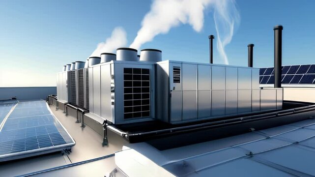 HVAC air conditioning units installed on the rooftops of industrial buildings, ensuring efficient climate control, ventilation, and temperature regulation for large-scale commercial and manufacturing 