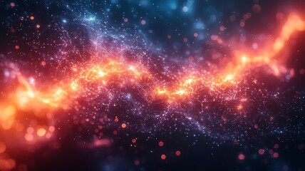 Fototapeta premium Vibrant cosmic energy waves intertwine in a stunning display of orange and blue hues, perfect for technology, science, or abstract art themes.