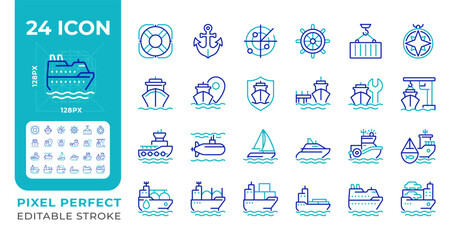 Maritime transport pixel perfect two color line icons set. Transporting goods via sea routes. Shipping by watercraft bicolor outline iconset isolated. Duotone pictograms thin linear. Editable stroke