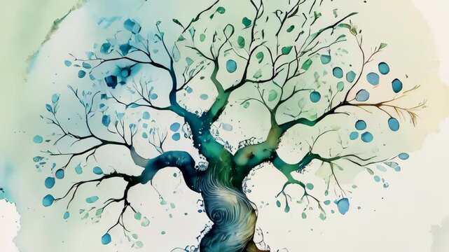 A watercolor video of a unique family tree, where the branches and roots are formed by fingerprints. The tree is leafless, symbolizing the family&rsquo;s lineage and connections