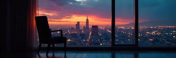 An empty chair sits before a dimly lit window, overlooking a cityscape at twilight, suggesting solitude and the finality of life's end , death, sad