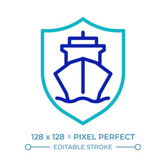 Ship safety pixel perfect two color line icon. Protection of passengers aboard vessels. Maritime transportation bicolor outline symbol. Duotone linear pictogram. Isolated illustration. Editable stroke